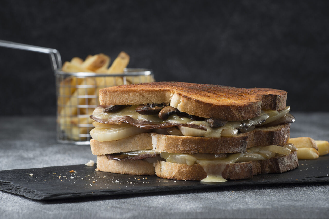 Toasted Steak sandwich served on slate