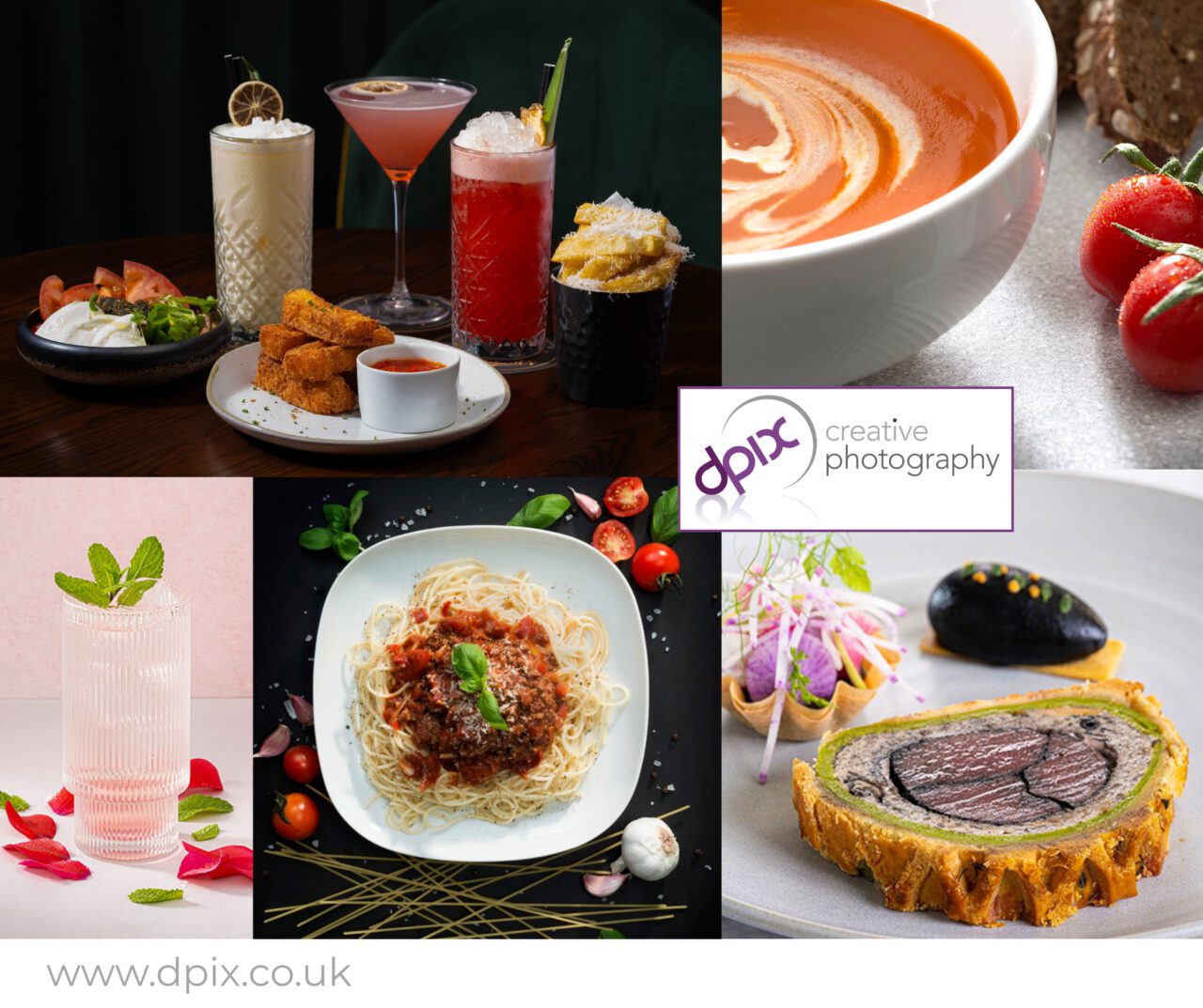 Commercial food photography showcasing cocktails, pasta, soup, desserts and plated fine dining dishes by dpix creative photography studio in Worcestershire.