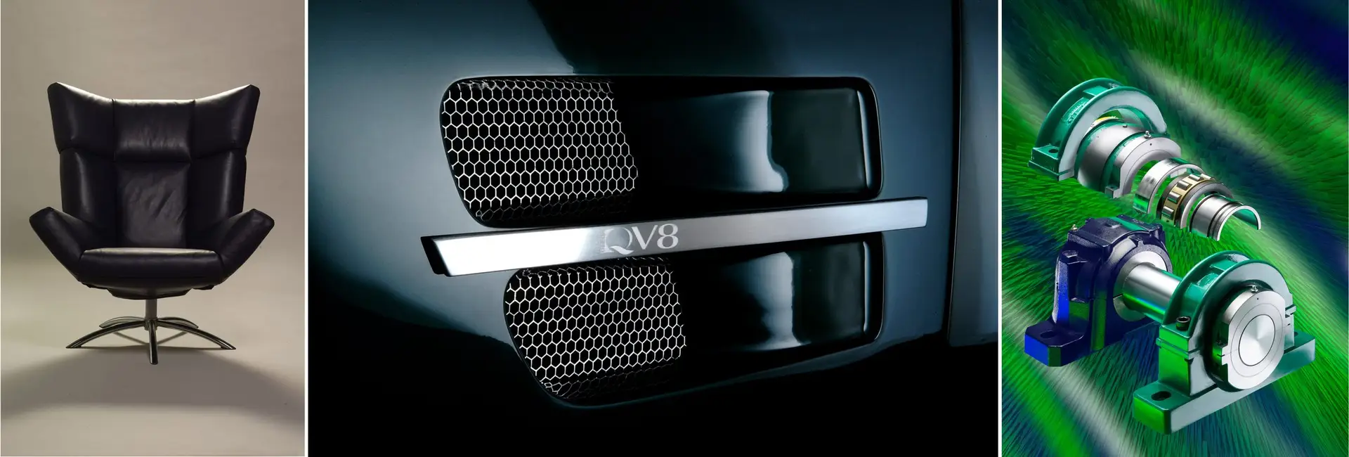 A bespoke Aston Martin V8, a G-Plan black leather swivel armchair with a high winged back and chrome spider base, crazy 80's background for product photography