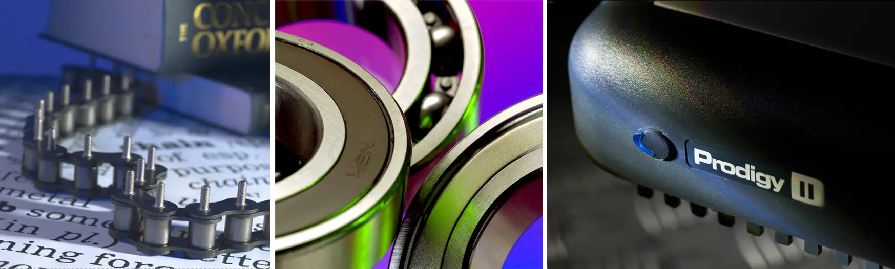 A creative studio product photographs, one on of a dark metal industrial roller chain with vertical pins, winding across a sheet of white paper printed with dictionary-style typography. In the background, two leather-bound books, including a "Concise Oxford Dictionary," Creative shots of a computer backup drive and a dynamic shot of industrial bearings using colour lights to reflect.